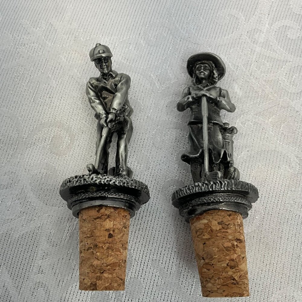 Vintage Pewter  Male Golfer & Female Golfer Themed Bottle Stoppers With Corks‎